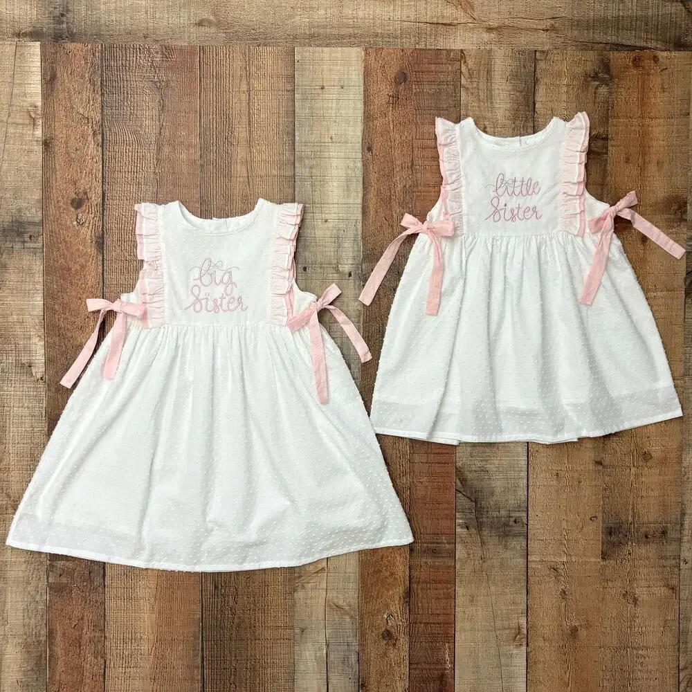 Stitchy Fish Little Sister Dress White Pink Ruffle Girls Multiple Sizes Avail.